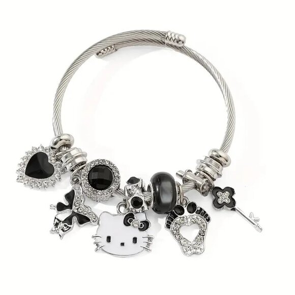 Hello Kitty Charm Bracelet Sanrio Rhinestone Heart Key Emo Beads Trendy Glam Fun - Picture 2 of 4